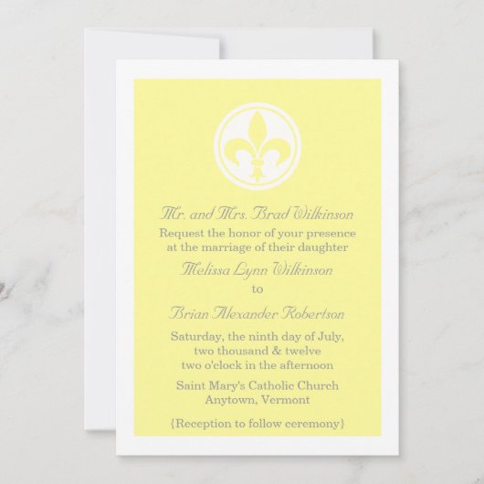 Chic Fleur De Lis Wedding Invite, geel Kaart (Voorkant)