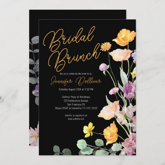 Chic Fleur sauvage Script Bridal Brunch Invitation (Devant / Derrière)