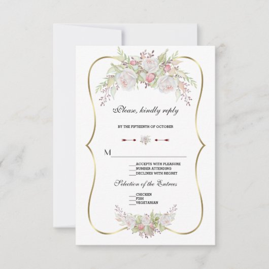 Chic Fleurs blanches Gold Frame Wedding RSVP (Devant)