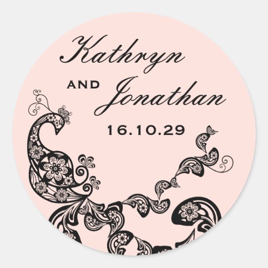  Chic Floral Black Peacock Bohemian Wedding Ronde Sticker (Voorkant)