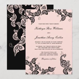 Chic Floral Black Peacock Wedding Invite Kaart