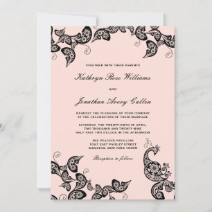 Chic Floral Black Peacock Wedding Invite Kaart