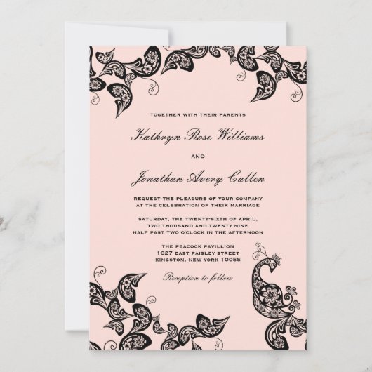  Chic Floral Black Peacock Wedding Invite Kaart (Voorkant)