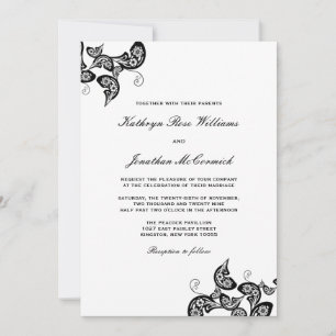  Chic Floral Black Peacock Wedding Invite Kaart