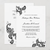 Chic Floral Black Peacock Wedding Invite Kaart (Voorkant / Achterkant)