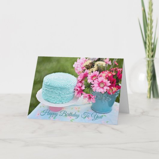 Chic floral bleu et rose de carte d'anniversaire (Devant)
