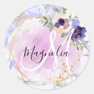 Chic Floral Blue Pink Gold Rainbow Marble Monogram Ronde Sticker