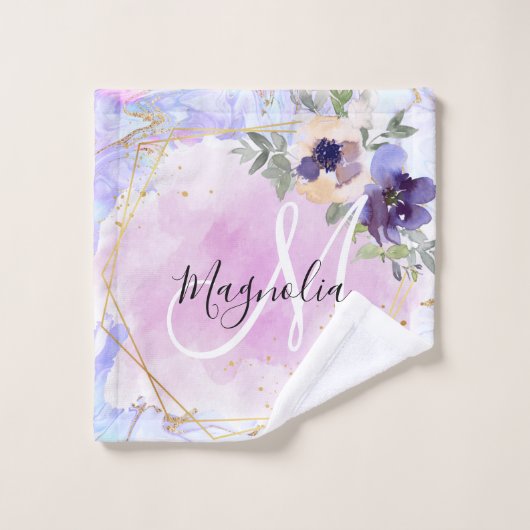 Chic Floral Blue Pink Gold Rainbow Marble Monogram Washandje (Wasdoekje)