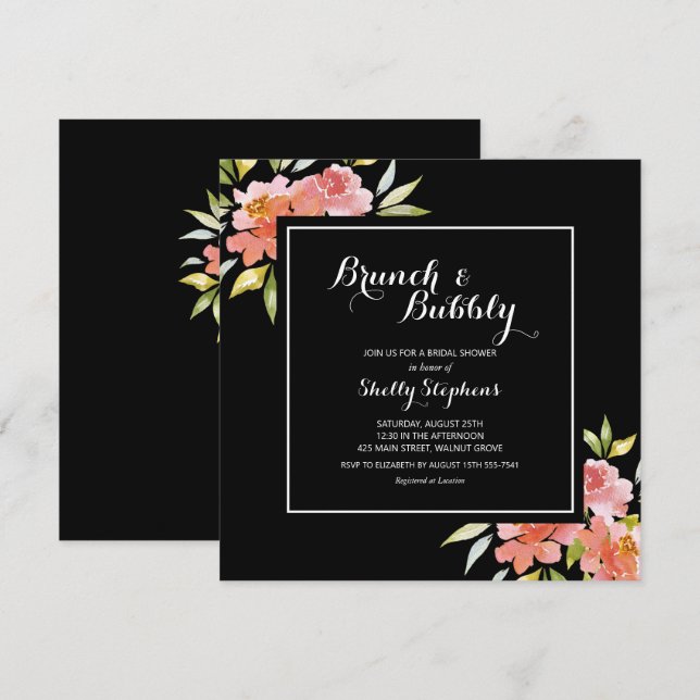 Chic Floral Brunch en Bubble Black Invitations (Voorkant / Achterkant)