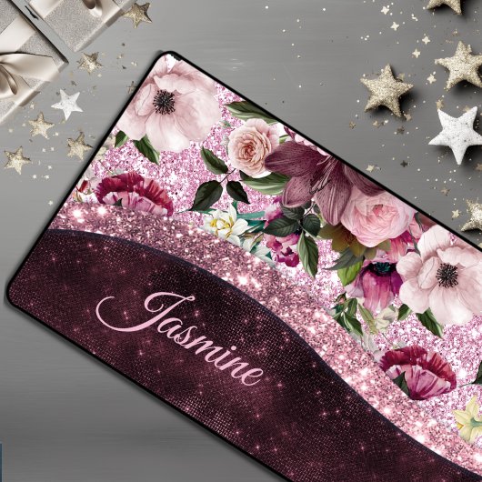 Chic floral Burgundy roze paarse glitter monogram Bureaumat