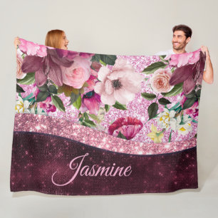 Chic floral Burgundy roze paarse glitter monogram Fleece Deken