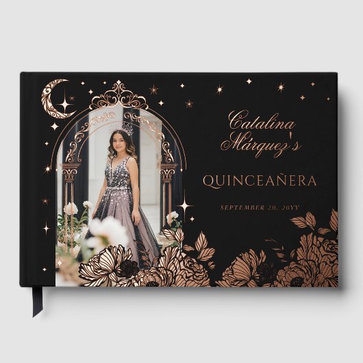 Chic Floral Celestial Moon Stars Photo Quinceañera Gastenboek (Voorkant)