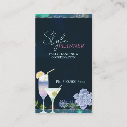 Chic Floral Cocktails Party Planner Visitekaartje (Voorkant)