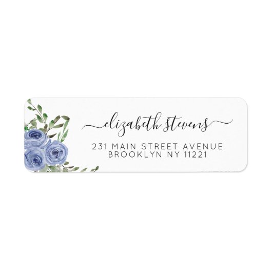 Chic Floral Dusty Blue Waterverf Roos Script Etiket (Voorkant)