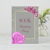 Chic Floral & Elegant Damask 100th Birthday Kaart (Staand voorkant)