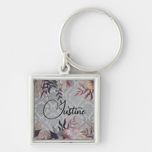 Chic Floral Elegant Damask gepersonaliseerd Sleutelhanger (Voorkant)