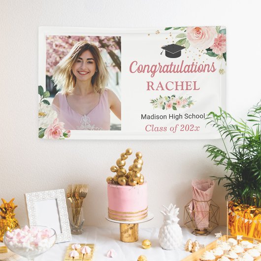 Chic Floral Gold Afstuderen Celebration Foto Spandoek