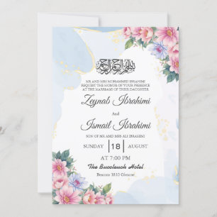 Chic Floral Goud Blauw Islamitische Moslim Huwelij Kaart