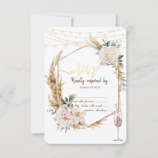 Chic Floral Goud Lijst Champagneglas RSVP Kaart (Voorkant)
