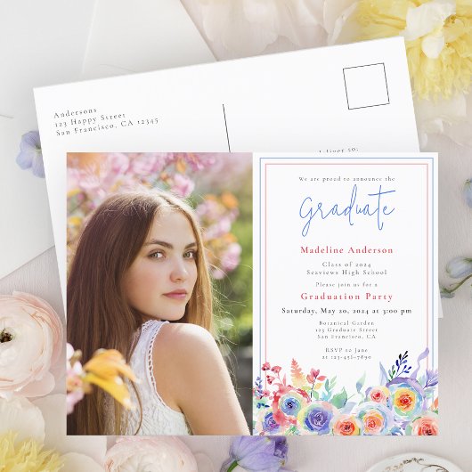 Chic Floral Graduation Party Photo Invitation