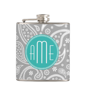 Chic Floral Gray Paisley Pattern & Blue Monogram Heupfles