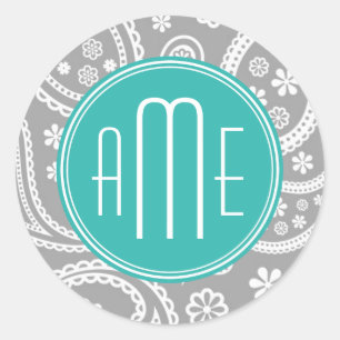 Chic Floral Gray Paisley Pattern & Blue Monogram Ronde Sticker