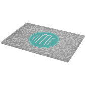 Chic Floral Gray Paisley Pattern & Blue Monogram Snijplank (Hoek)