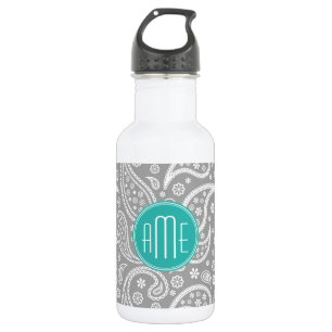 Chic Floral Gray Paisley Pattern & Blue Monogram Waterfles