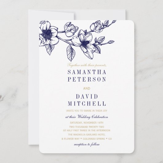 Chic Floral Magnolia Branch Navy Blue GOLD Wedding Kaart (Voorkant)