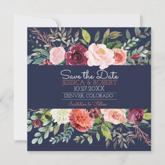 Chic Floral Navy Blue Enregistrer la carte Date (Devant)