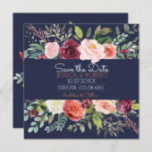 Chic Floral Navy Blue Save the Date Kaart (Voorkant / Achterkant)