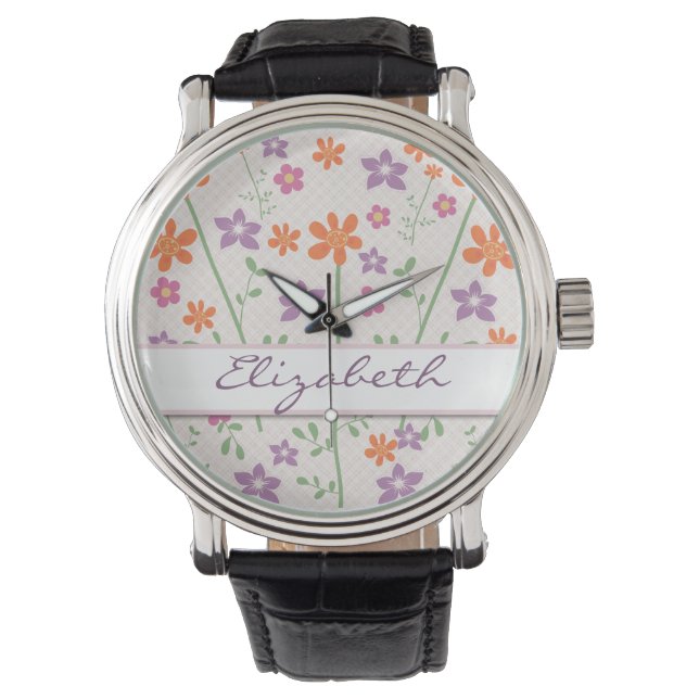 Chic Floral Pattern Design Monogram Horloge (Voorkant)