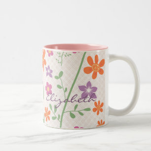 Chic Floral Pattern Design Monogram Tweekleurige Koffiemok