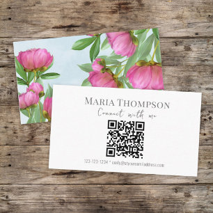 Chic Floral Pink Peony Professional QR-code Visitekaartje