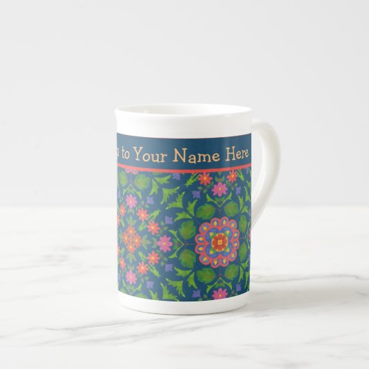 Chic Floral Rangoli Deep Blue Bone China Mug (Devant droit)