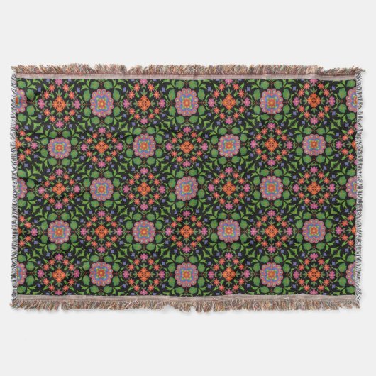 Chic Floral Rangoli Pattern op Black Throw Blanket Deken (Voorkant)
