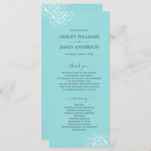 Chic Floral Roos Blue Simple Minimal Wedding Programma (Voorkant / Achterkant)