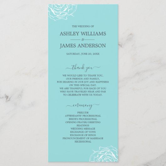 Chic Floral Roos Blue Simple Minimal Wedding Programma (Voorkant)