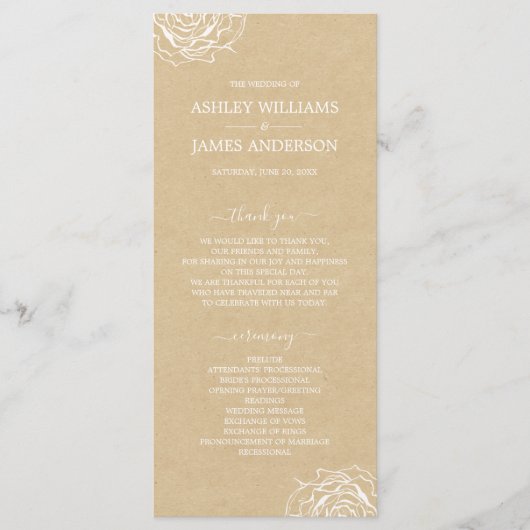 Chic Floral Roos Kraft Simple Minimal Wedding Programma (Voorkant)
