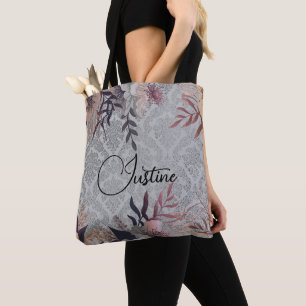 Chic Floral Silver Damask gepersonaliseerd Draagtas