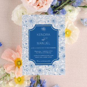 Chic Floral Toile Frans Blauw Huwelijk Kaart