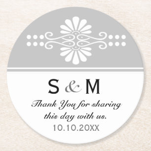Chic Floral Wedding Bedankt Monogram: Grijs Wit Ronde Kartonnen Onderzetter