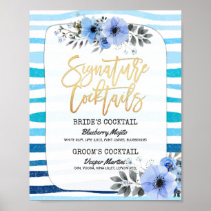 Chic Floral Wedding Signature Cocktail Drink Menu Poster