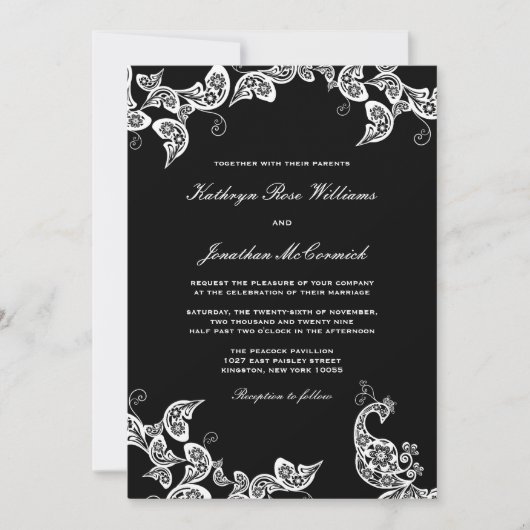 Chic Floral White Peacock Wedding Invite Kaart (Voorkant)