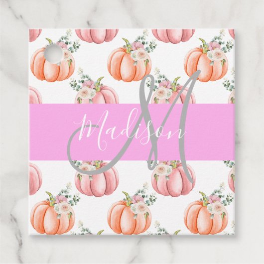 Chic Floral White Pink Peach Pumpkin Monogram Naam Bedankjes Labels (Voorkant)