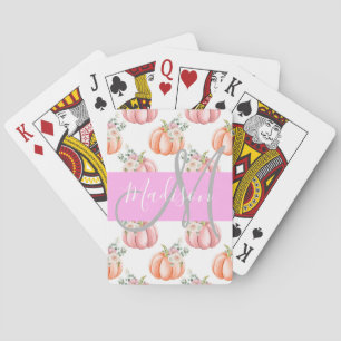 Chic Floral White Pink Peach Pumpkin Monogram Naam Pokerkaarten