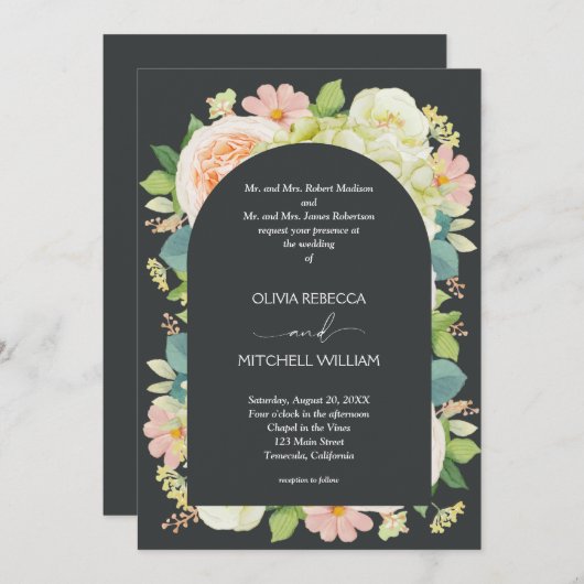 Chic Florals Dark Wedding All in One Invites (Voorkant / Achterkant)