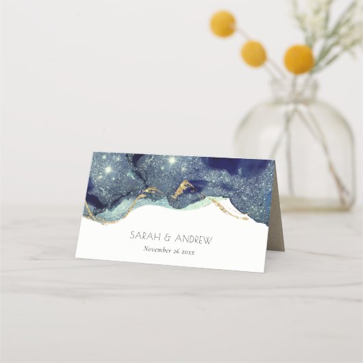 Chic Fluid Abstract Ink Gold Navy Glitter Wedding (Voorkant)