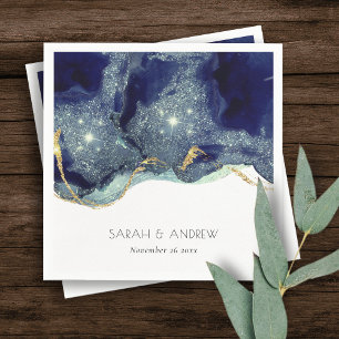 Chic Fluid Abstract Ink Gold Navy Glitter Wedding Servet