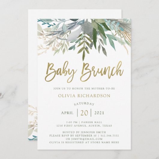 Chic Foliage | Baby Brunch met Faux Gold Script Kaart (Voorkant / Achterkant)